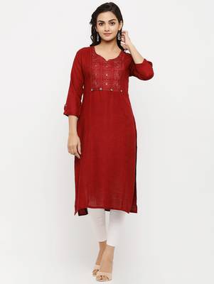 Women's  RED Rayon Embroidered Straight Kurta 1