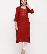 Women's  RED Rayon Embroidered Straight Kurta