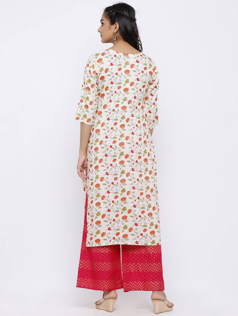 Women's White Cotton Jute Blend Embroidered Straight Kurta & Palazzo