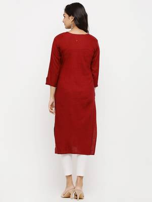 Women's  RED Rayon Embroidered Straight Kurta 2