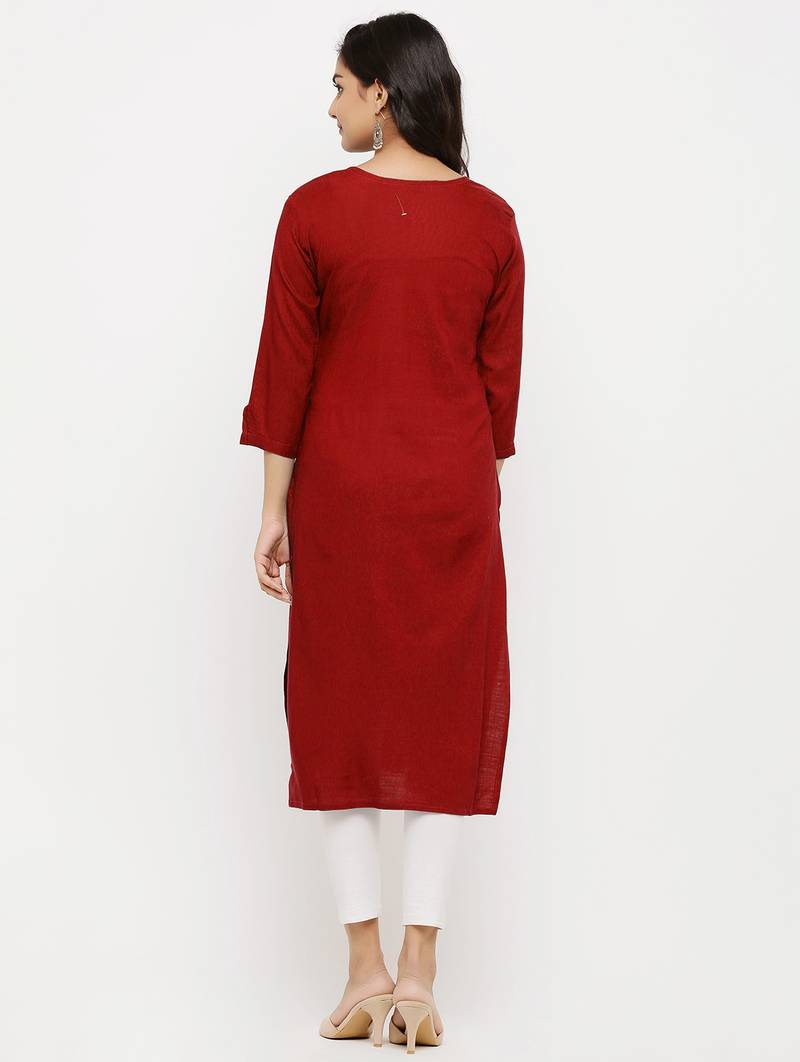 Women's  RED Rayon Embroidered Straight Kurta