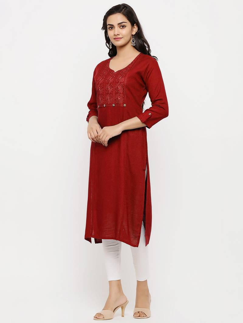 Women's  RED Rayon Embroidered Straight Kurta