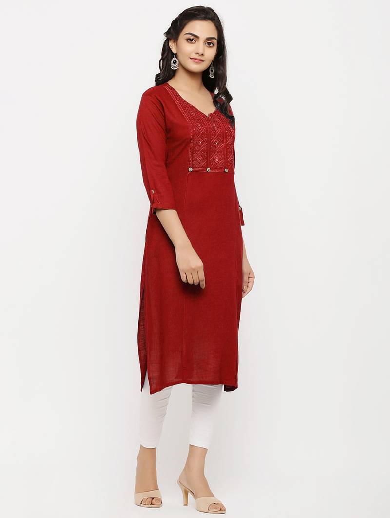 Women's  RED Rayon Embroidered Straight Kurta