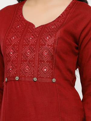 Women's  RED Rayon Embroidered Straight Kurta 5