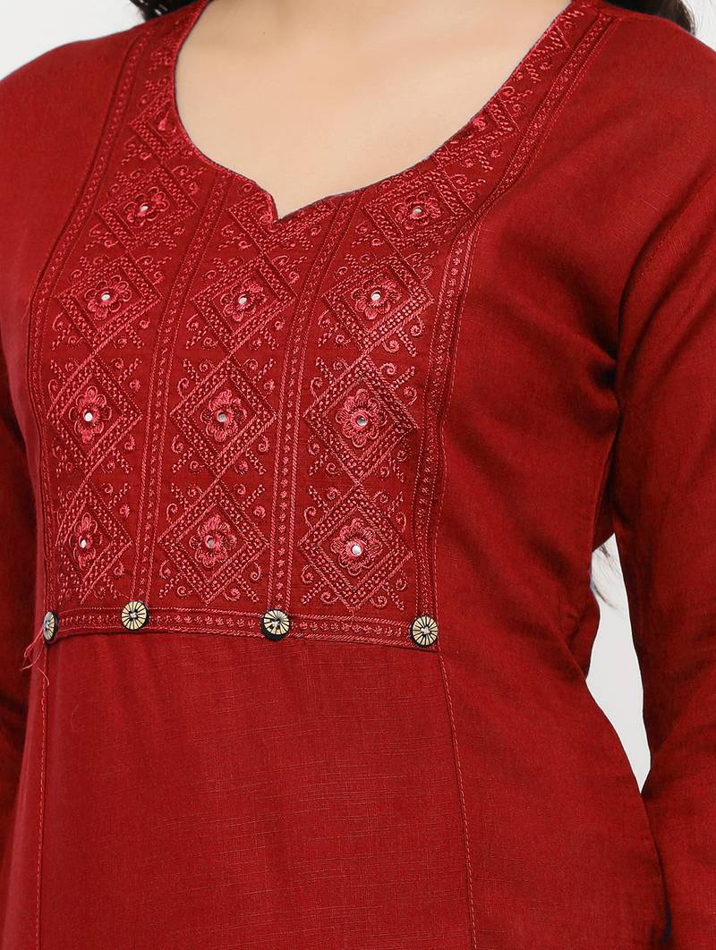 Women's  RED Rayon Embroidered Straight Kurta