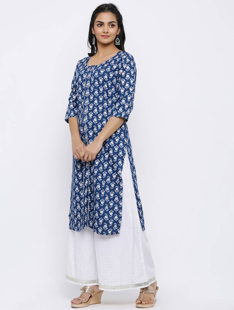 Women's Blue Rayon Embroidered Straight Kurta & Palazzo Set