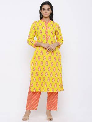 Women's Yellow Cotton Cambric Floral Print Straight Kurta & Palazzo Set 1