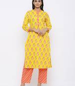 Women's Yellow Cotton Cambric Floral Print Straight Kurta & Palazzo Set