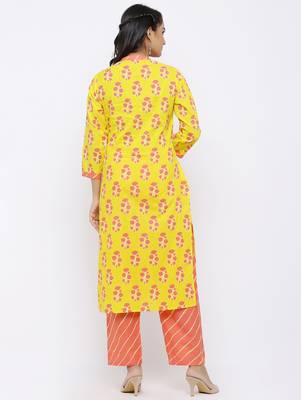 Women's Yellow Cotton Cambric Floral Print Straight Kurta & Palazzo Set 2