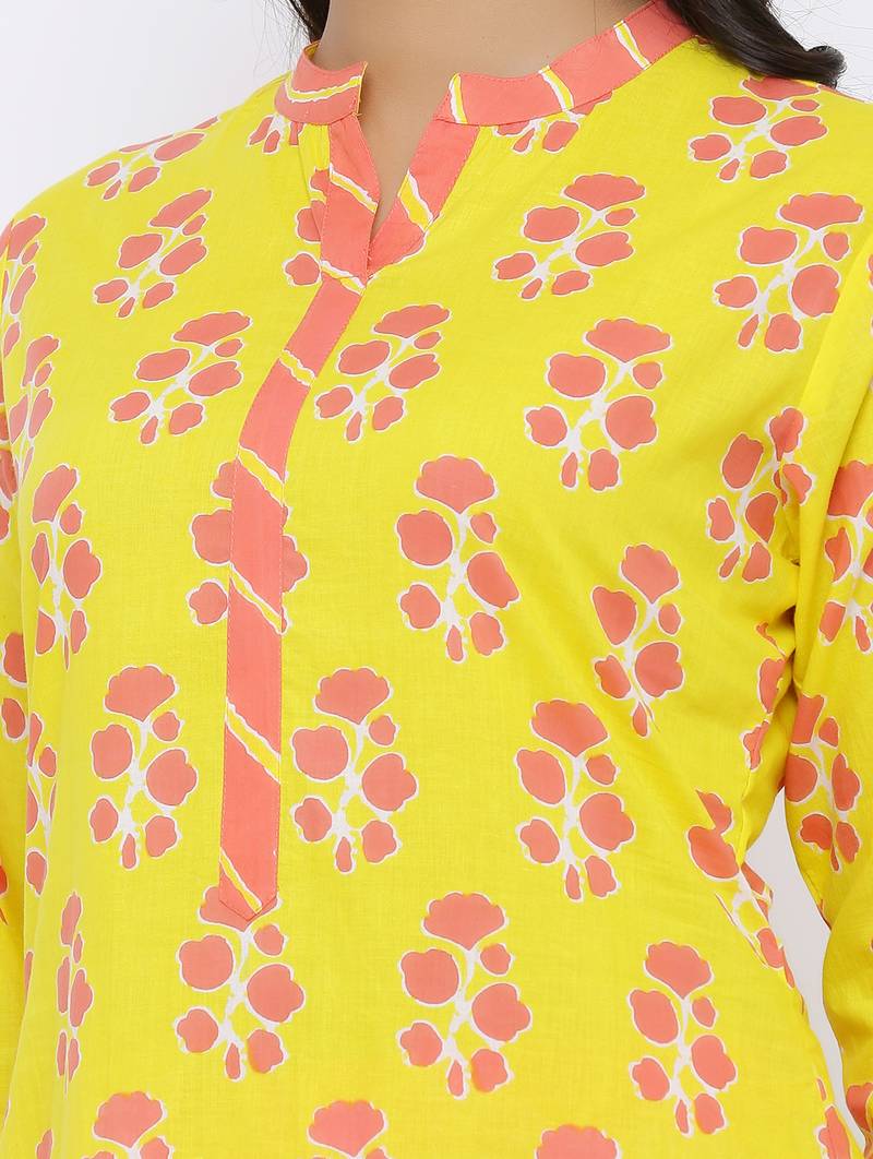 Women's Yellow Cotton Cambric Floral Print Straight Kurta & Palazzo Set