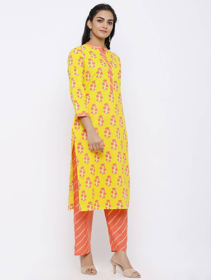 Women's Yellow Cotton Cambric Floral Print Straight Kurta & Palazzo Set