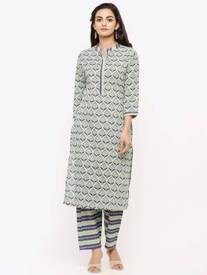 Women's Grey Cotton Cambric Floral Print Straight Kurta & Palazzo Set 1