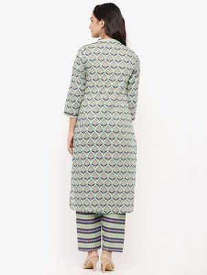 Women's Grey Cotton Cambric Floral Print Straight Kurta & Palazzo Set 2