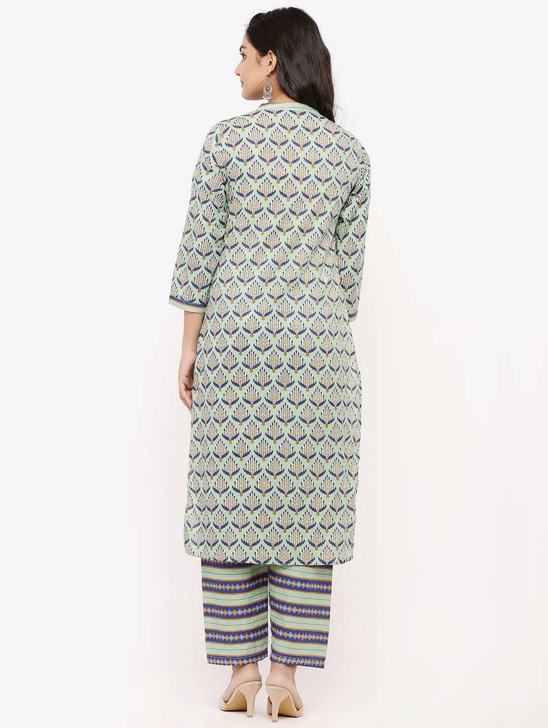 Women's Grey Cotton Cambric Floral Print Straight Kurta & Palazzo Set
