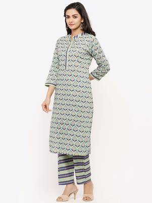 Women's Grey Cotton Cambric Floral Print Straight Kurta & Palazzo Set 3