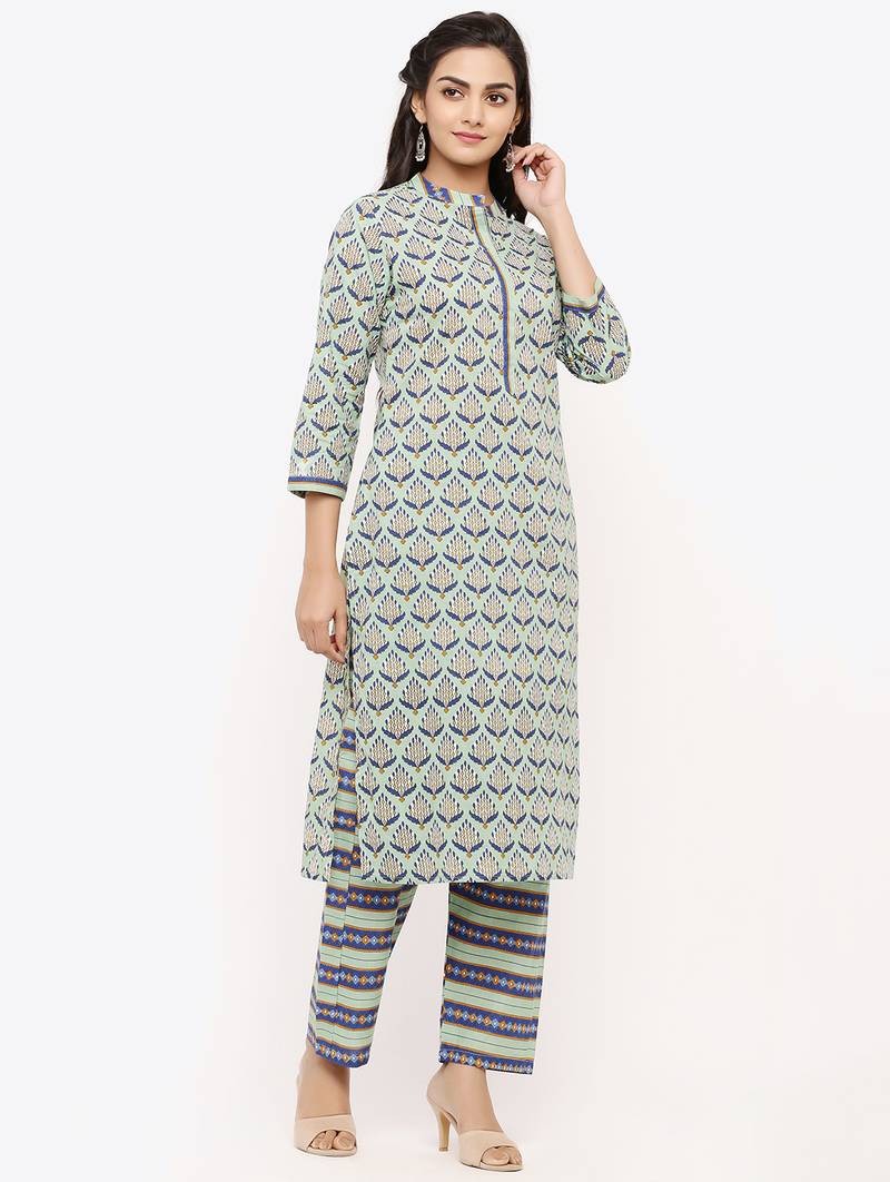 Women's Grey Cotton Cambric Floral Print Straight Kurta & Palazzo Set