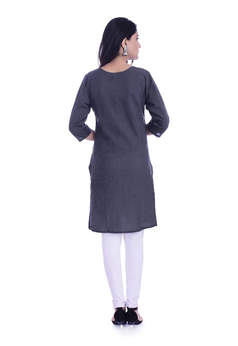Women's  Navy Blue Cotton Embroidered Straight Kurta
