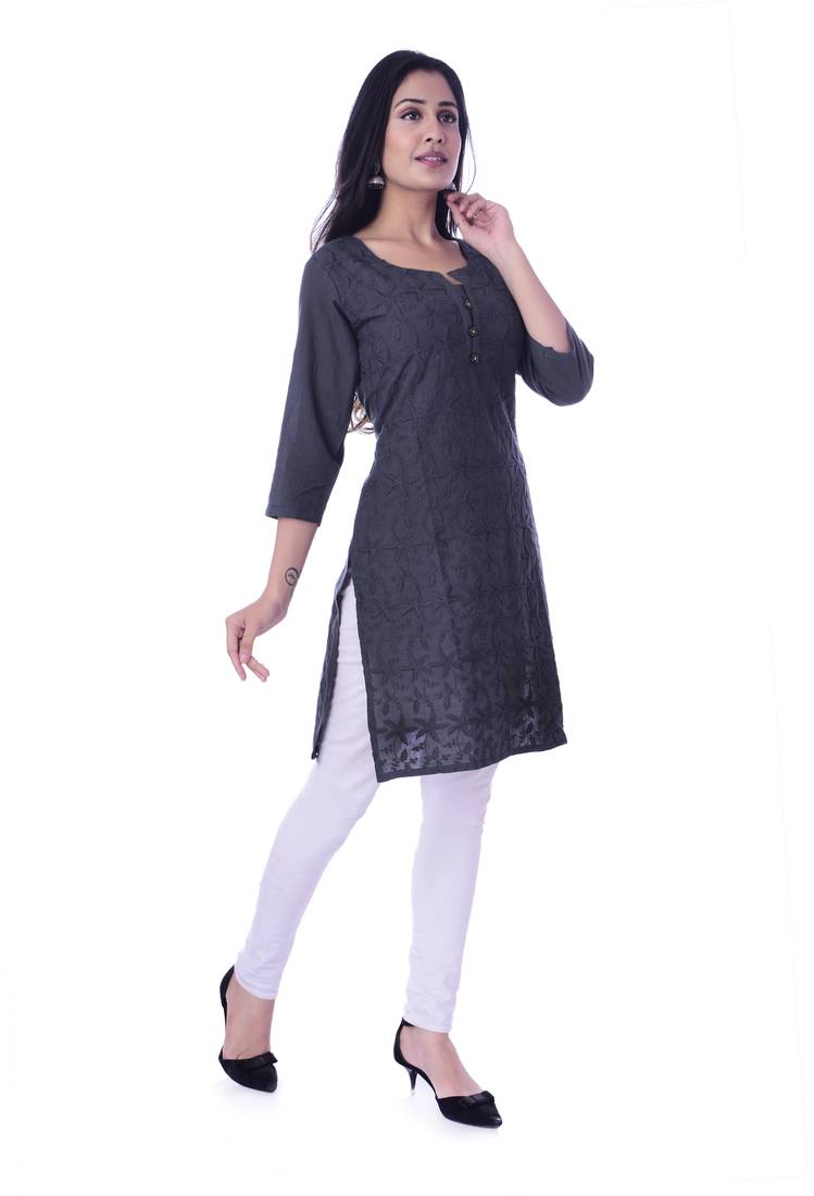 Women's  Navy Blue Cotton Embroidered Straight Kurta