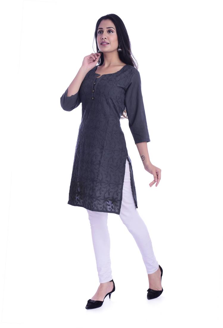 Women's  Navy Blue Cotton Embroidered Straight Kurta