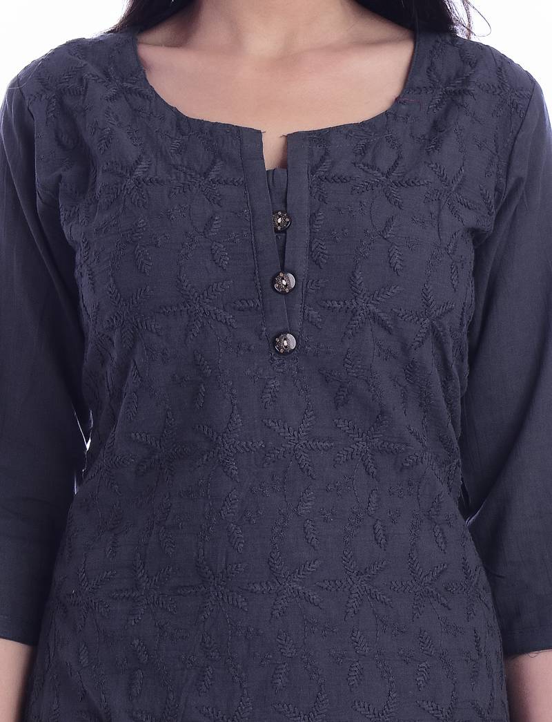 Women's  Navy Blue Cotton Embroidered Straight Kurta