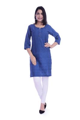 Women's  Royal Blue Cotton Embroidered Straight Kurta 1