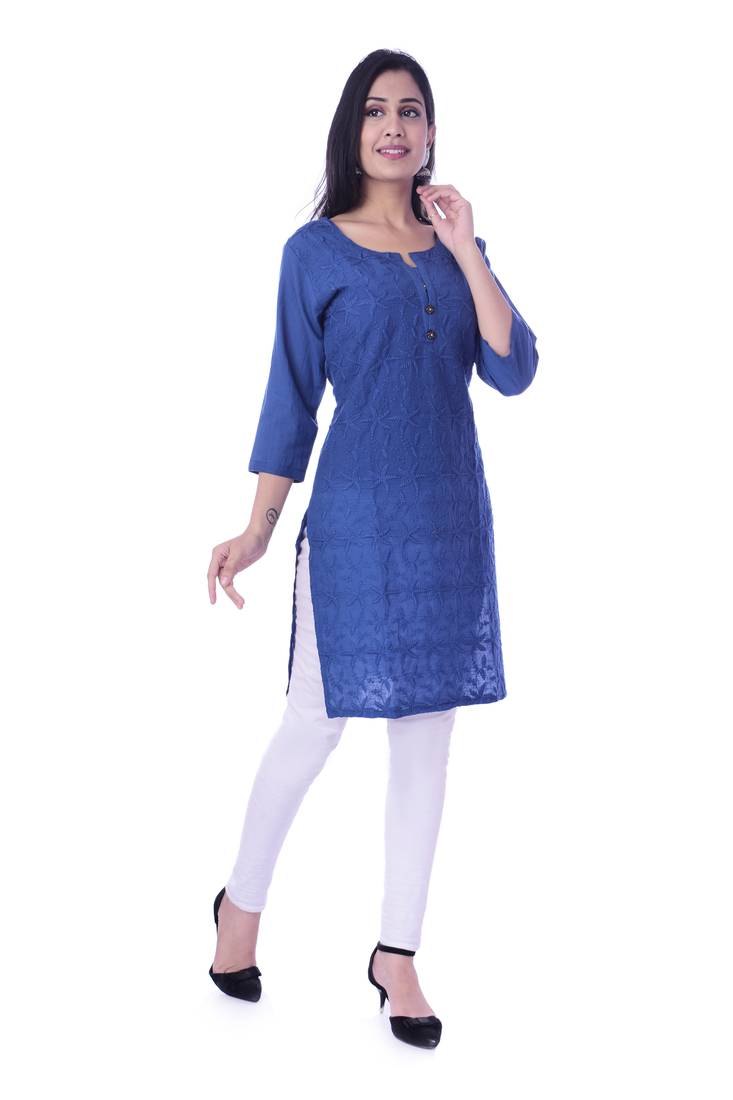 Women's  Royal Blue Cotton Embroidered Straight Kurta