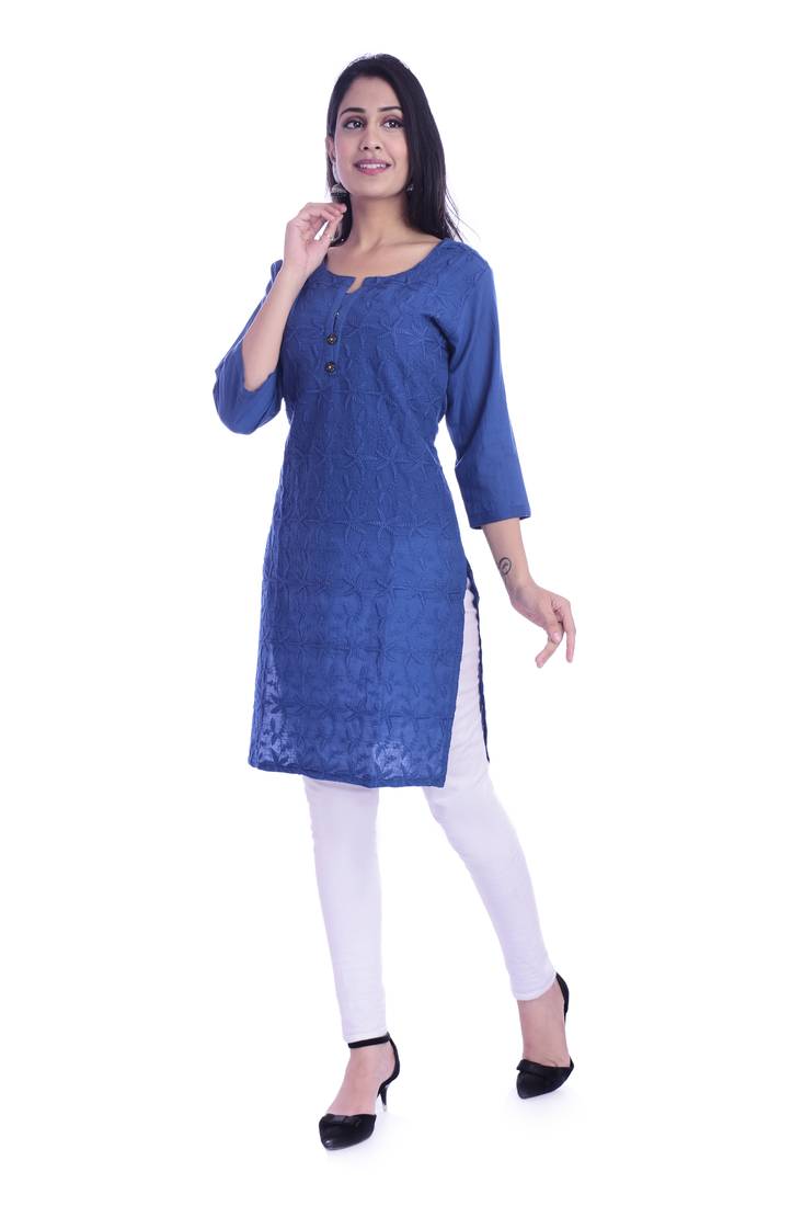 Women's  Royal Blue Cotton Embroidered Straight Kurta