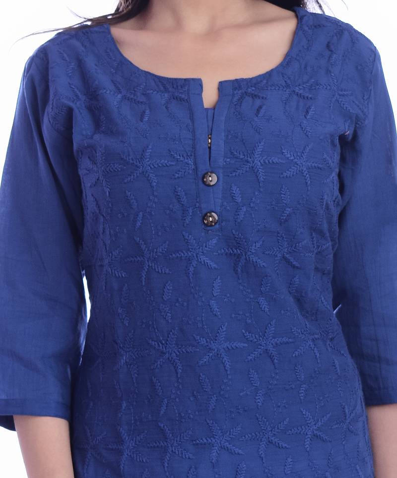 Women's  Royal Blue Cotton Embroidered Straight Kurta