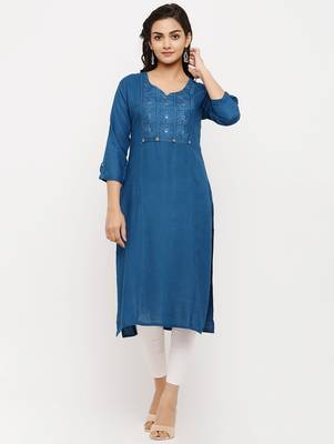 Women's  Teal Rayon Embroidered Straight Kurta 1