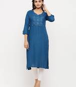 Women's  Teal Rayon Embroidered Straight Kurta