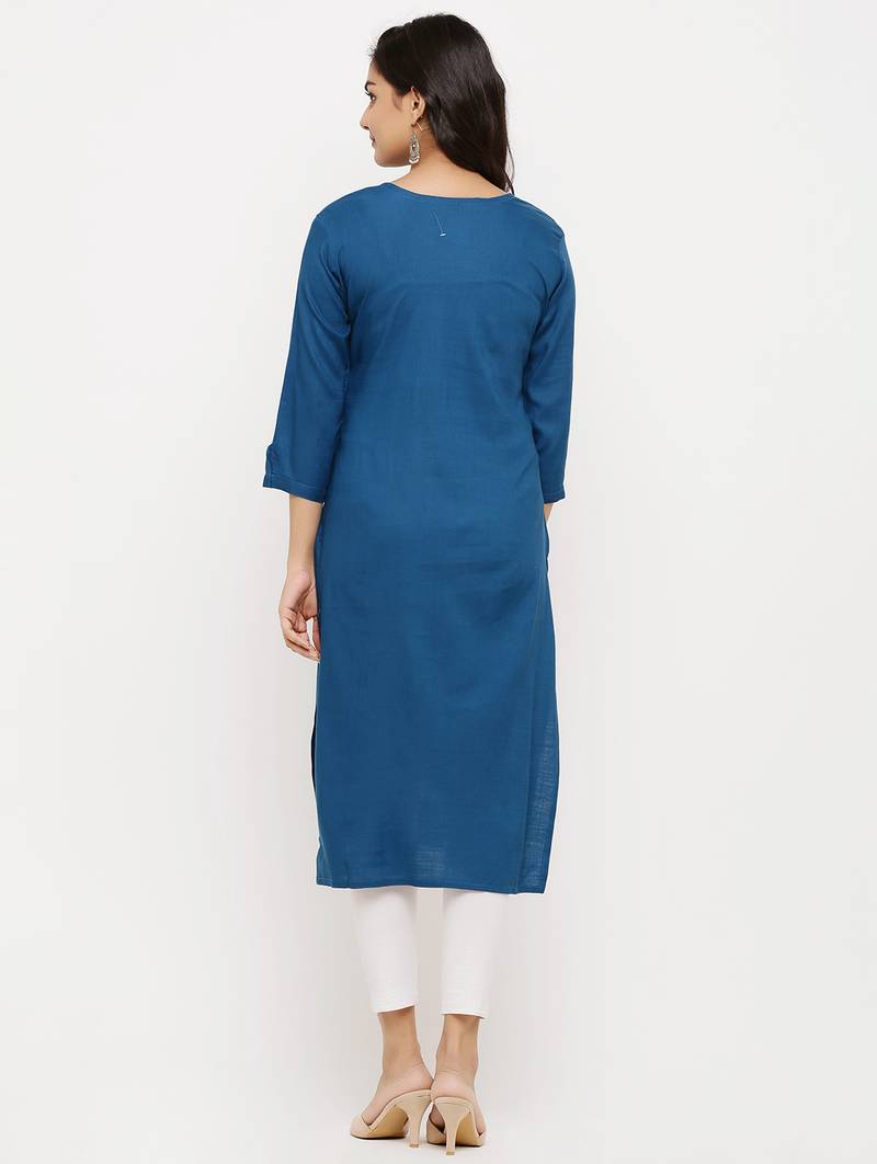 Women's  Teal Rayon Embroidered Straight Kurta