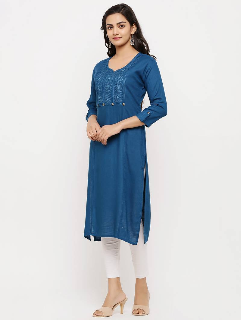 Women's  Teal Rayon Embroidered Straight Kurta