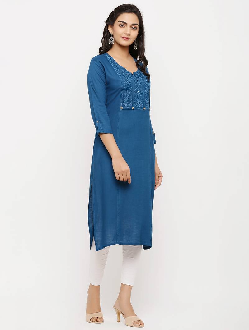 Women's  Teal Rayon Embroidered Straight Kurta