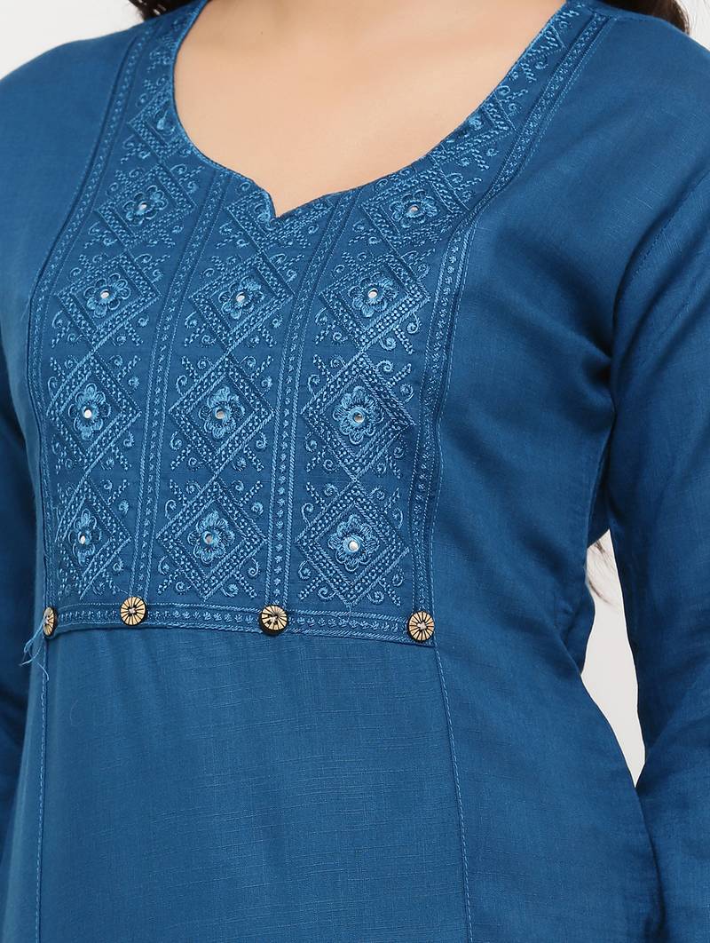 Women's  Teal Rayon Embroidered Straight Kurta