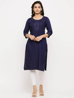 Women's  Blue Rayon Embroidered Straight Kurta 1