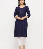 Women's  Blue Rayon Embroidered Straight Kurta