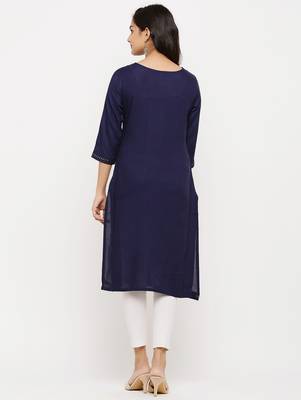 Women's  Blue Rayon Embroidered Straight Kurta 2