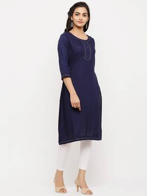Women's  Blue Rayon Embroidered Straight Kurta 3