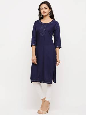 Women's  Blue Rayon Embroidered Straight Kurta 4