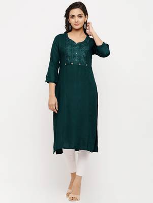 Women's  Green Rayon Embroidered Straight Kurta 1