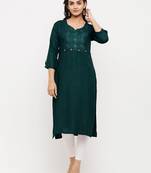 Women's  Green Rayon Embroidered Straight Kurta
