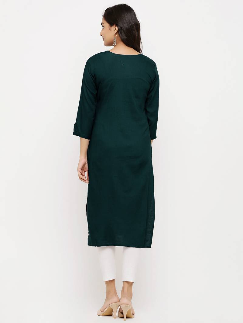Women's  Green Rayon Embroidered Straight Kurta