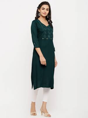 Women's  Green Rayon Embroidered Straight Kurta 4
