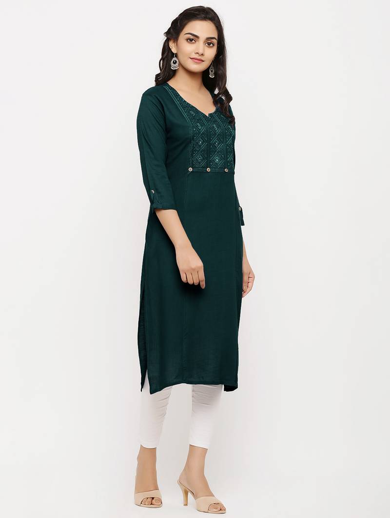 Women's  Green Rayon Embroidered Straight Kurta