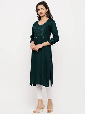 Women's  Green Rayon Embroidered Straight Kurta 5