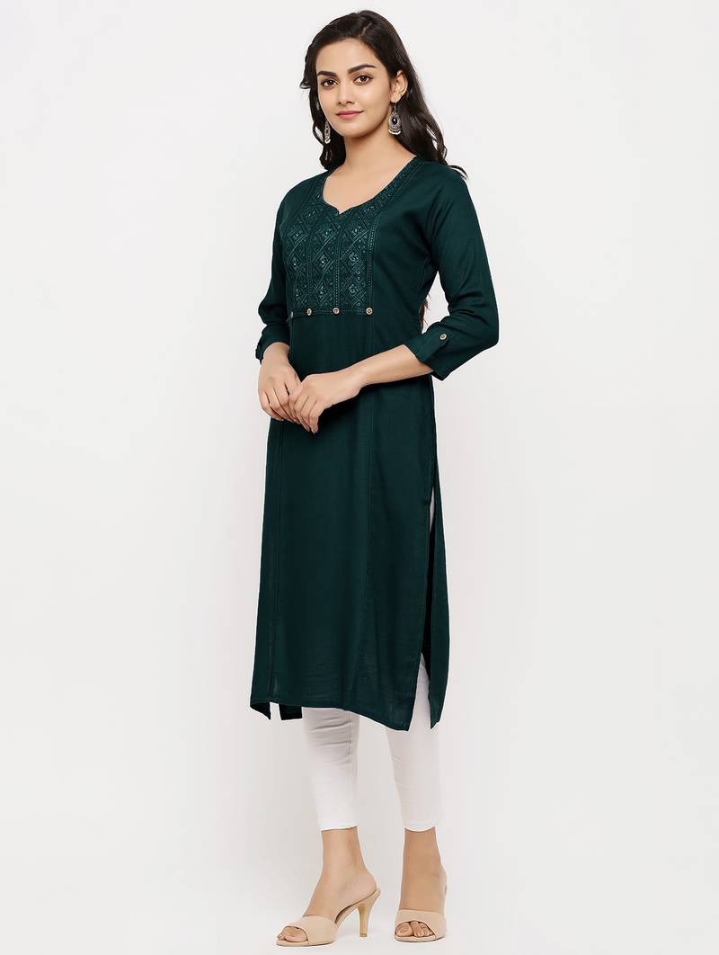 Women's  Green Rayon Embroidered Straight Kurta