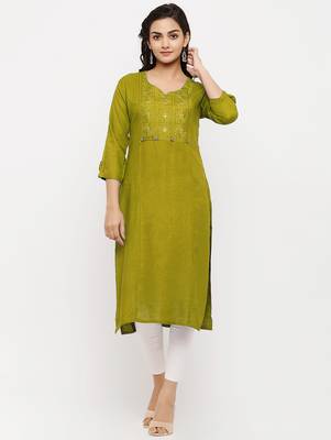 Women's  Lemon Rayon Embroidered Straight Kurta 1