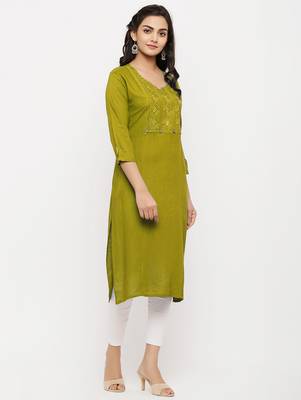Women's  Lemon Rayon Embroidered Straight Kurta 4