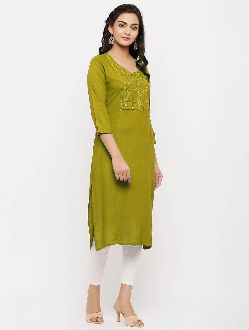 Women's  Lemon Rayon Embroidered Straight Kurta
