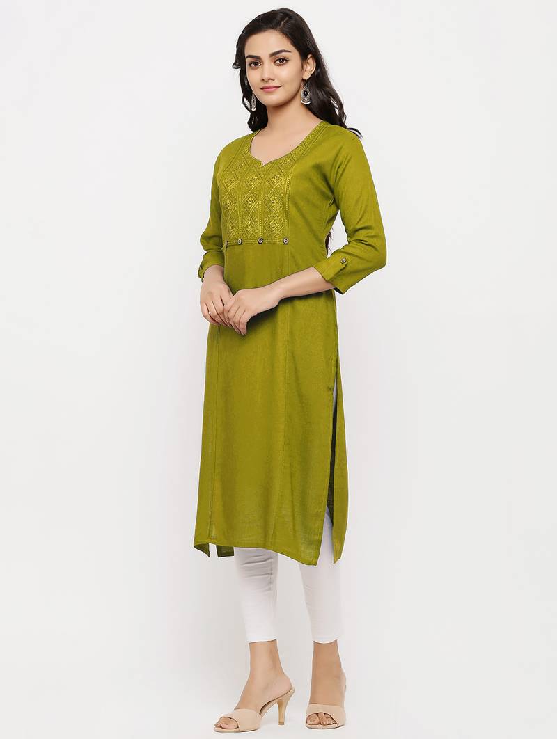 Women's  Lemon Rayon Embroidered Straight Kurta